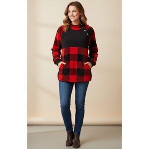 White Birch Women's Sherpa Pullover Sweater Size M Buffalo Plaid Long Sleeve